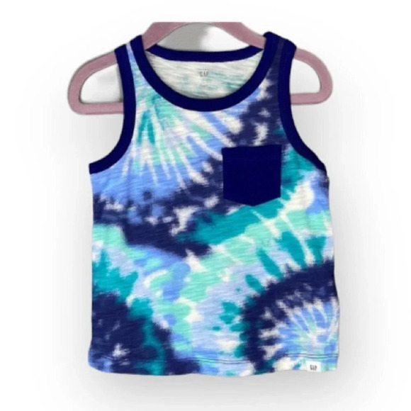 GAP NWT Boys Tank Top Blue Tie Dye Pocket Contrast Trim Size 2 - Picture 1 of 6